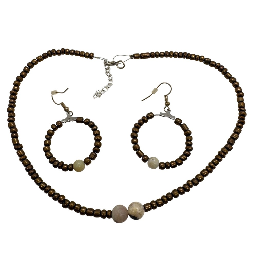Handmade Bronze Beaded Necklace and Hoop Earring Set Earthy Stone Accents